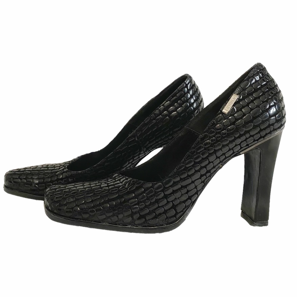 Black Textured Block Heel Pumps